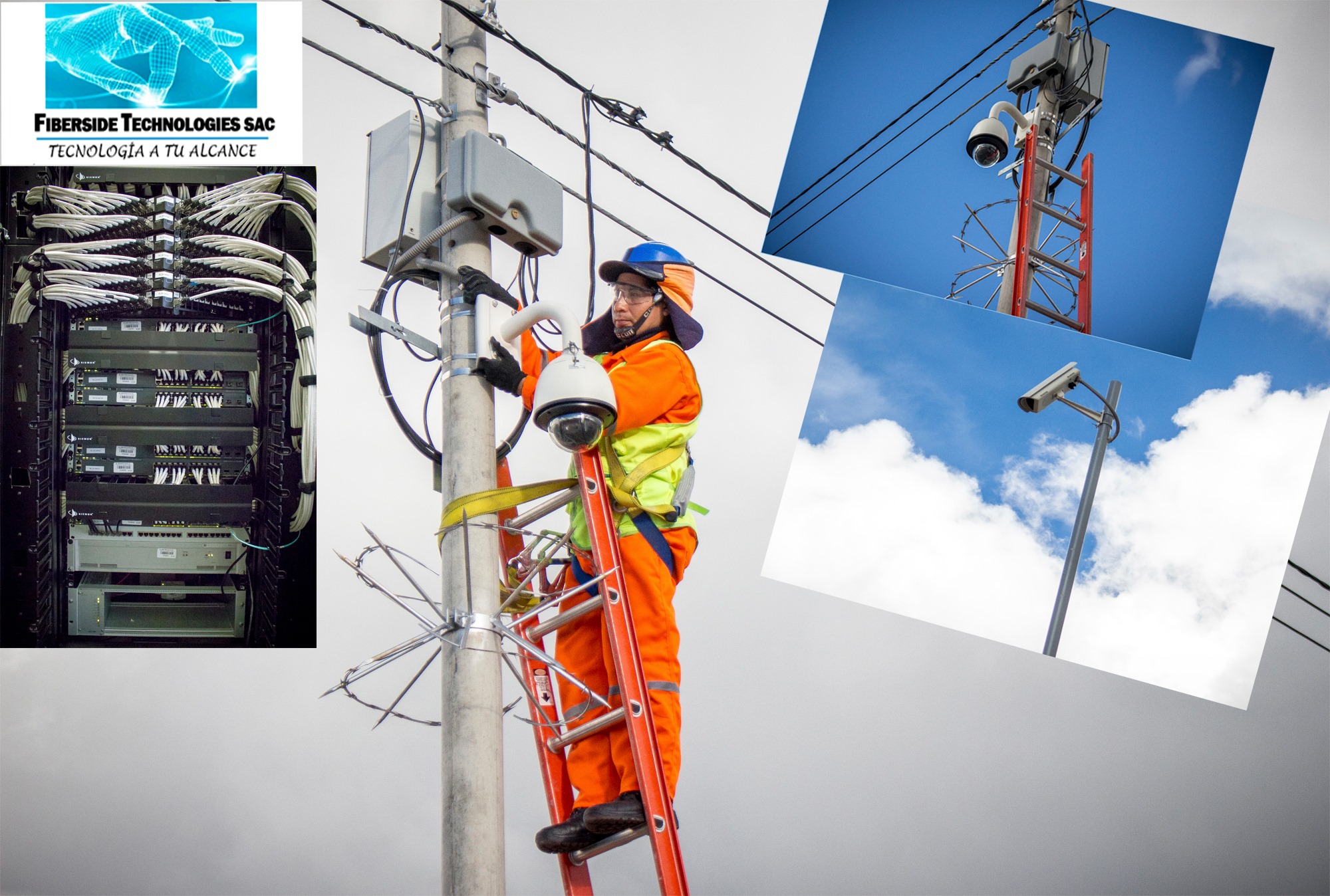 Infraestructura de red y técnico trabajando en poste